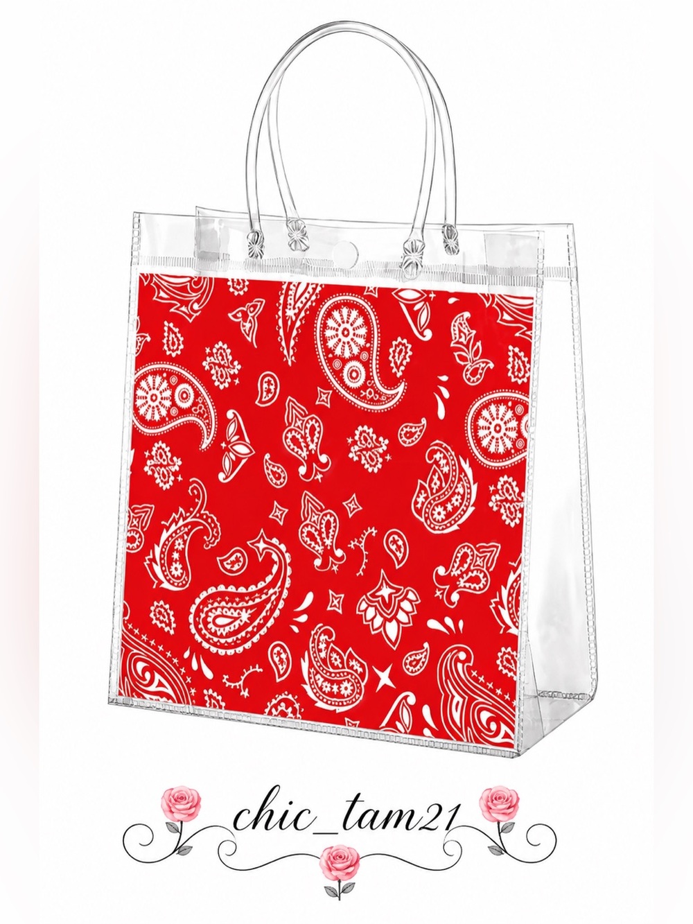 Clear Reusable Tote Bag with Red Paisley Insert